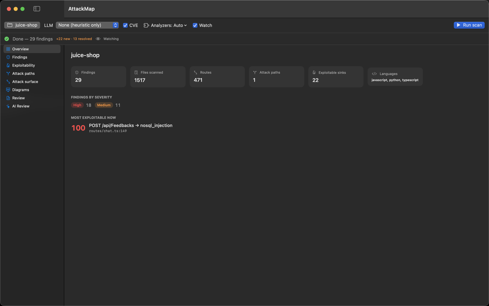 AttackMap macOS app — scan overview
